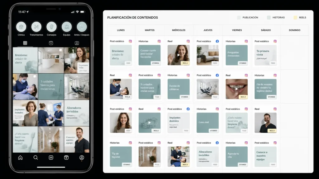 Parrilla de Instagram y calendario de contenidos para la gestión profesional de redes sociales.