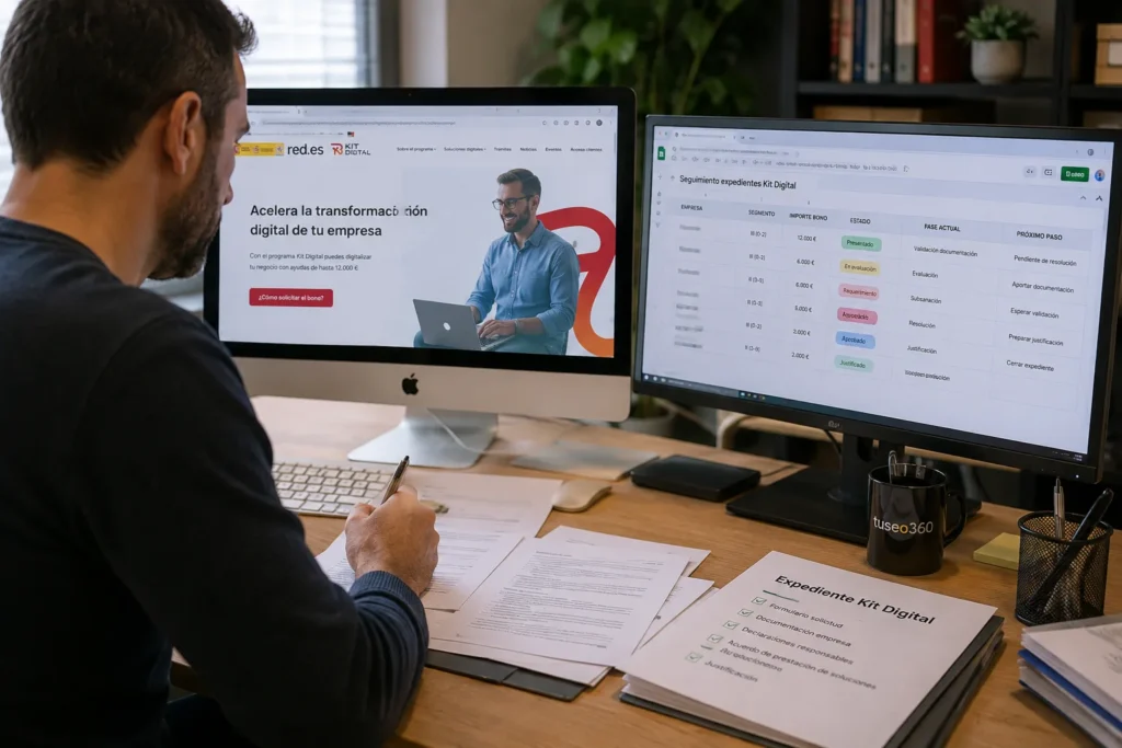 Gestión de expedientes del Kit Digital en una agencia, con seguimiento del bono y documentación administrativa.