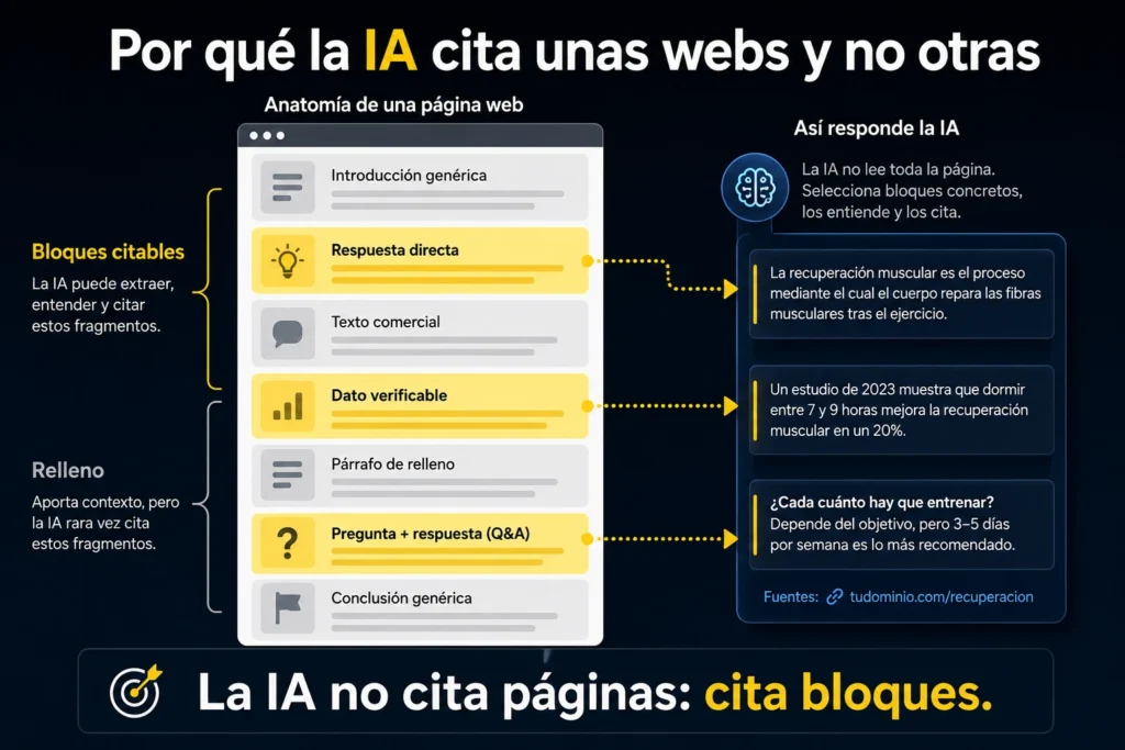 Infografía sobre por qué la IA cita unas webs y no otras, mostrando una página dividida en bloques citables y de relleno, con ejemplos de respuesta directa, dato verificable y Q&A.