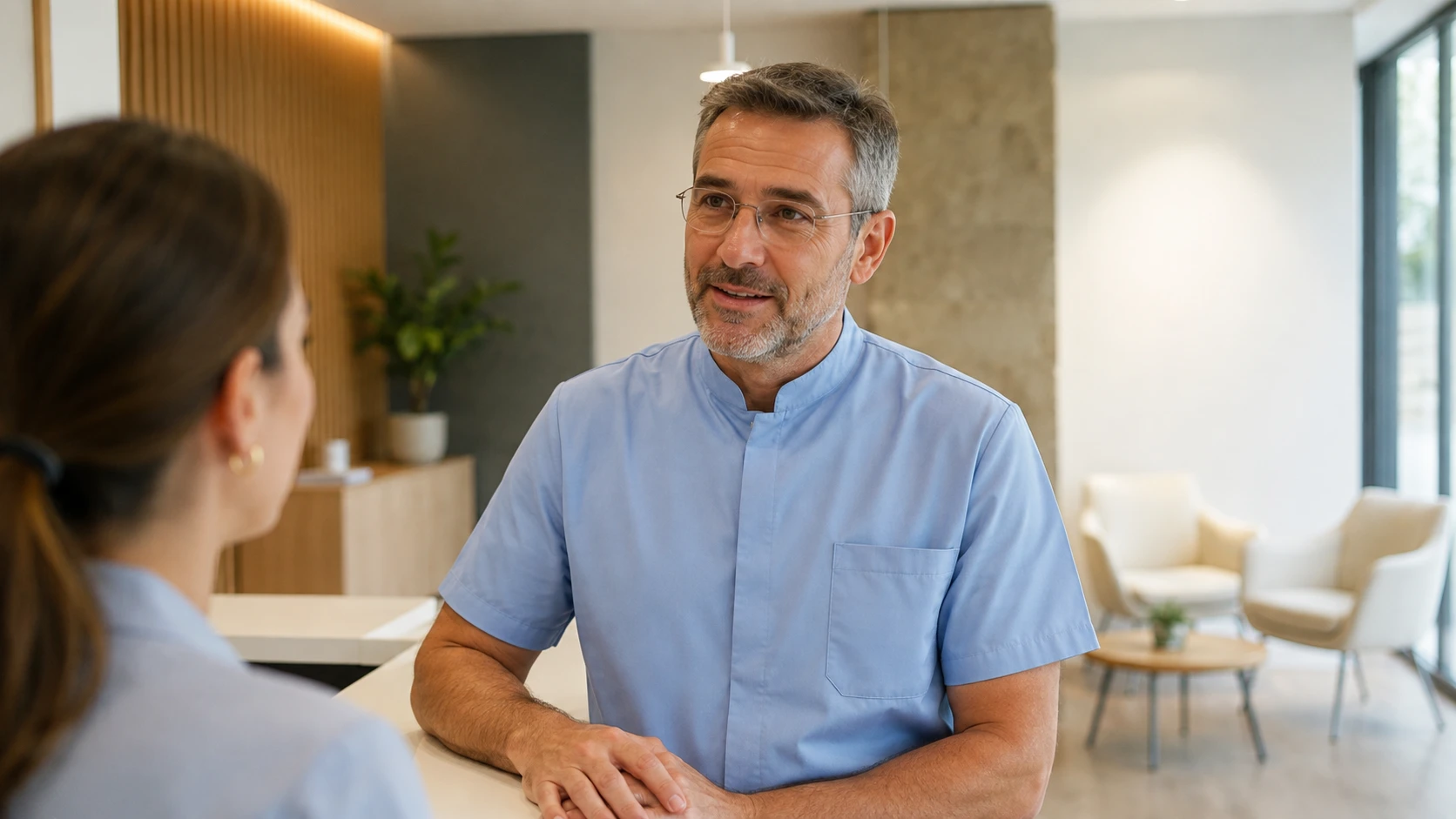 Responsable de una clínica dental en la recepción de su consulta en Galicia