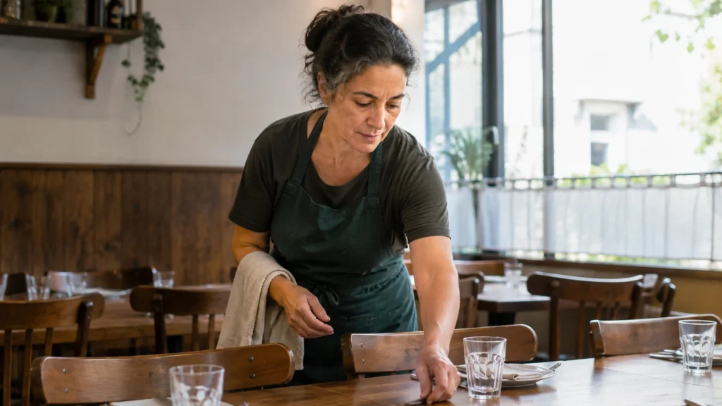 Responsable de un restaurante preparando la sala antes del servicio de mediodía