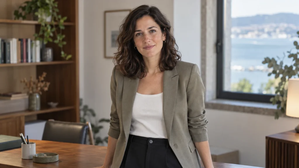 Abogada de unos 34 años en su despacho pequeño, de pie junto a una mesa de trabajo.