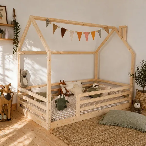Cama casita Montessori de madera natural de Bonamint
