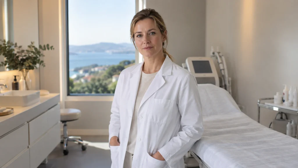 Doctora de medicina estética de unos 41 años en su consulta, de pie junto a la camilla