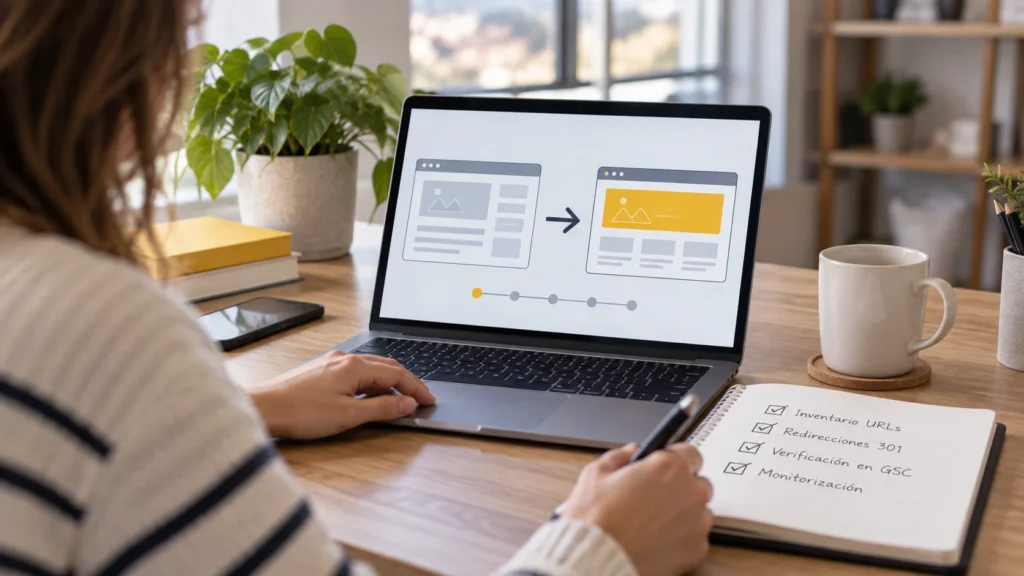 Persona preparando una migración web con redirecciones, verificación y control SEO para evitar pérdidas de tráfico.