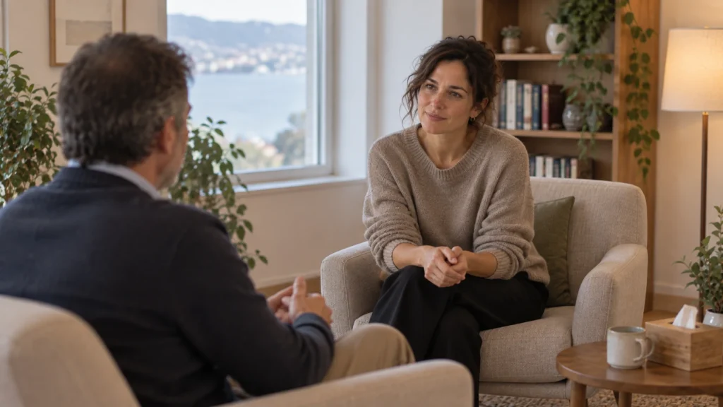 Psicóloga conversando con un paciente de mediana edad en una consulta acogedora en Galicia.