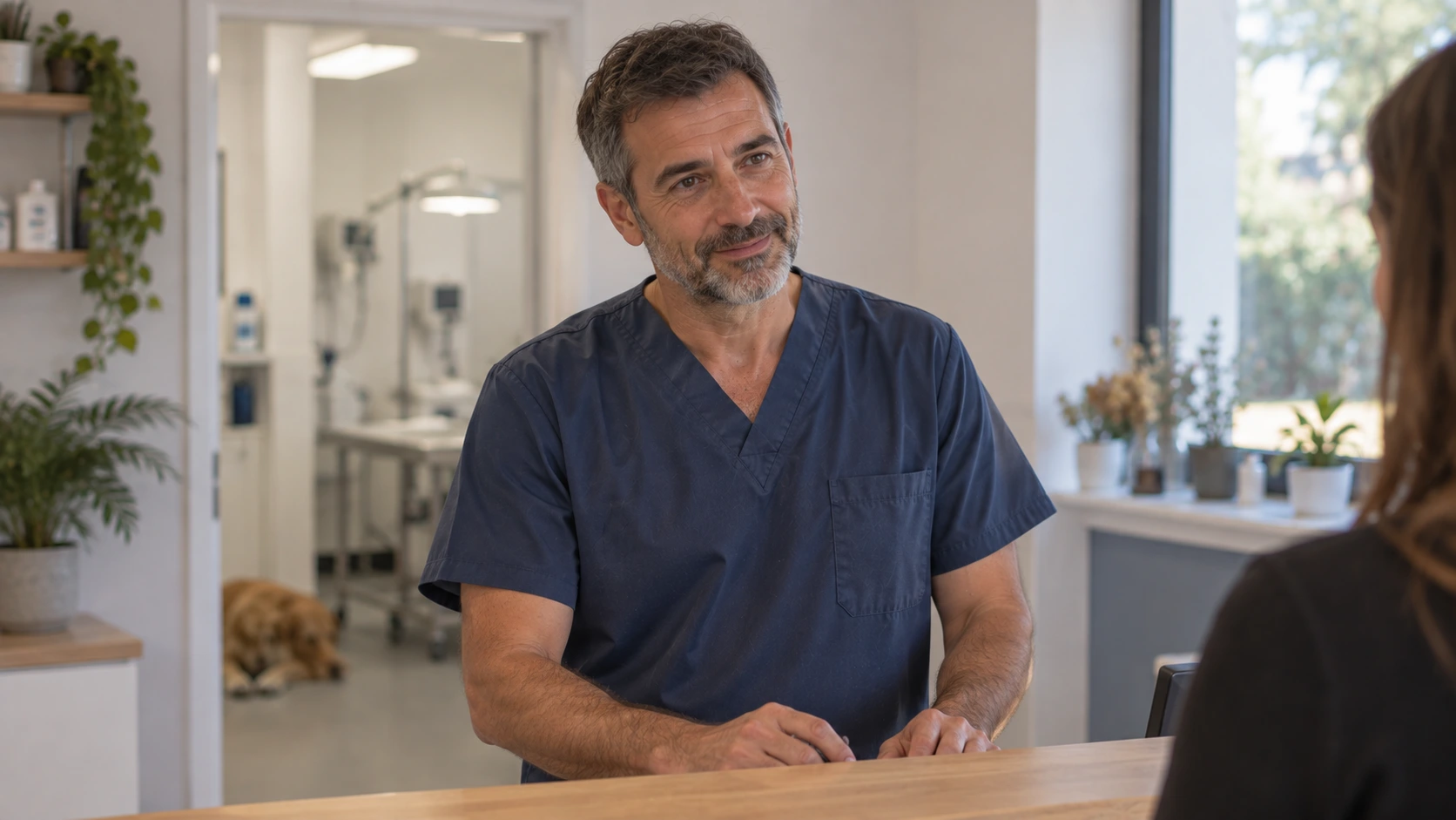 Veterinario de unos 47 años en el mostrador de su clínica, hablando con alguien fuera de plano.