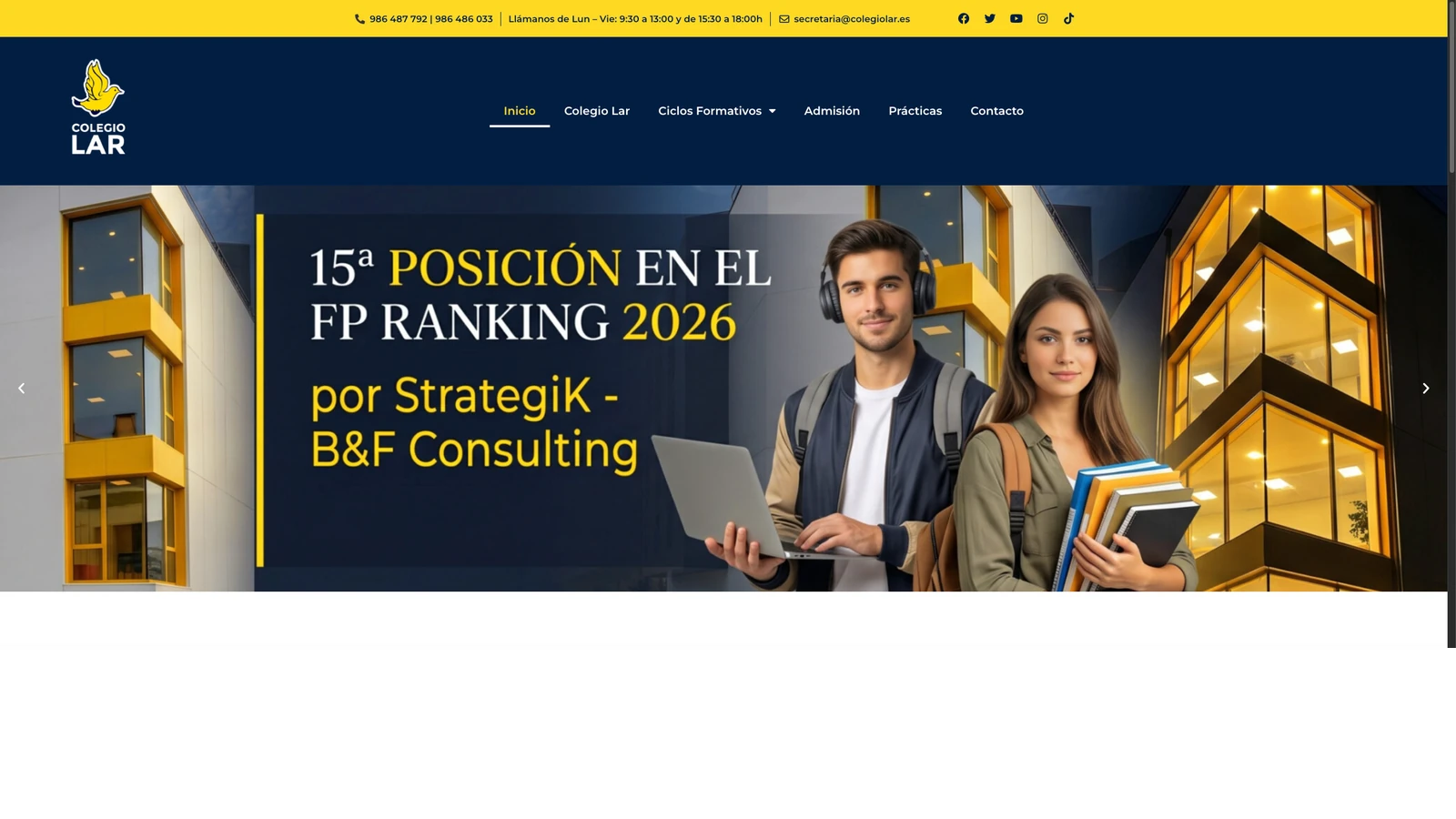 Portada de la web de ciclos formativos del Colegio Lar