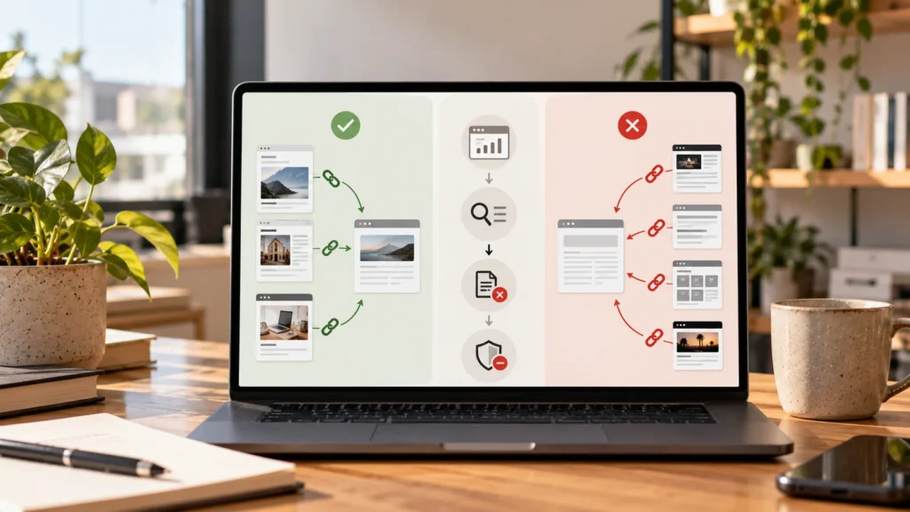 Comparativa visual entre enlaces SEO de calidad y enlaces de riesgo para una web