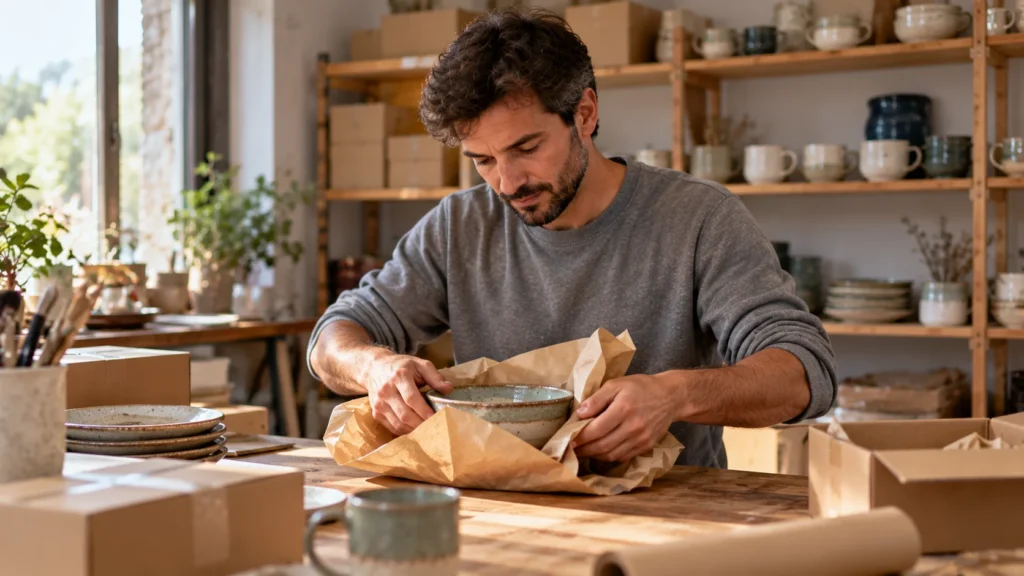 Dueño de una tienda online de cerámica artesanal de unos 34 años preparando un pedido en su taller.