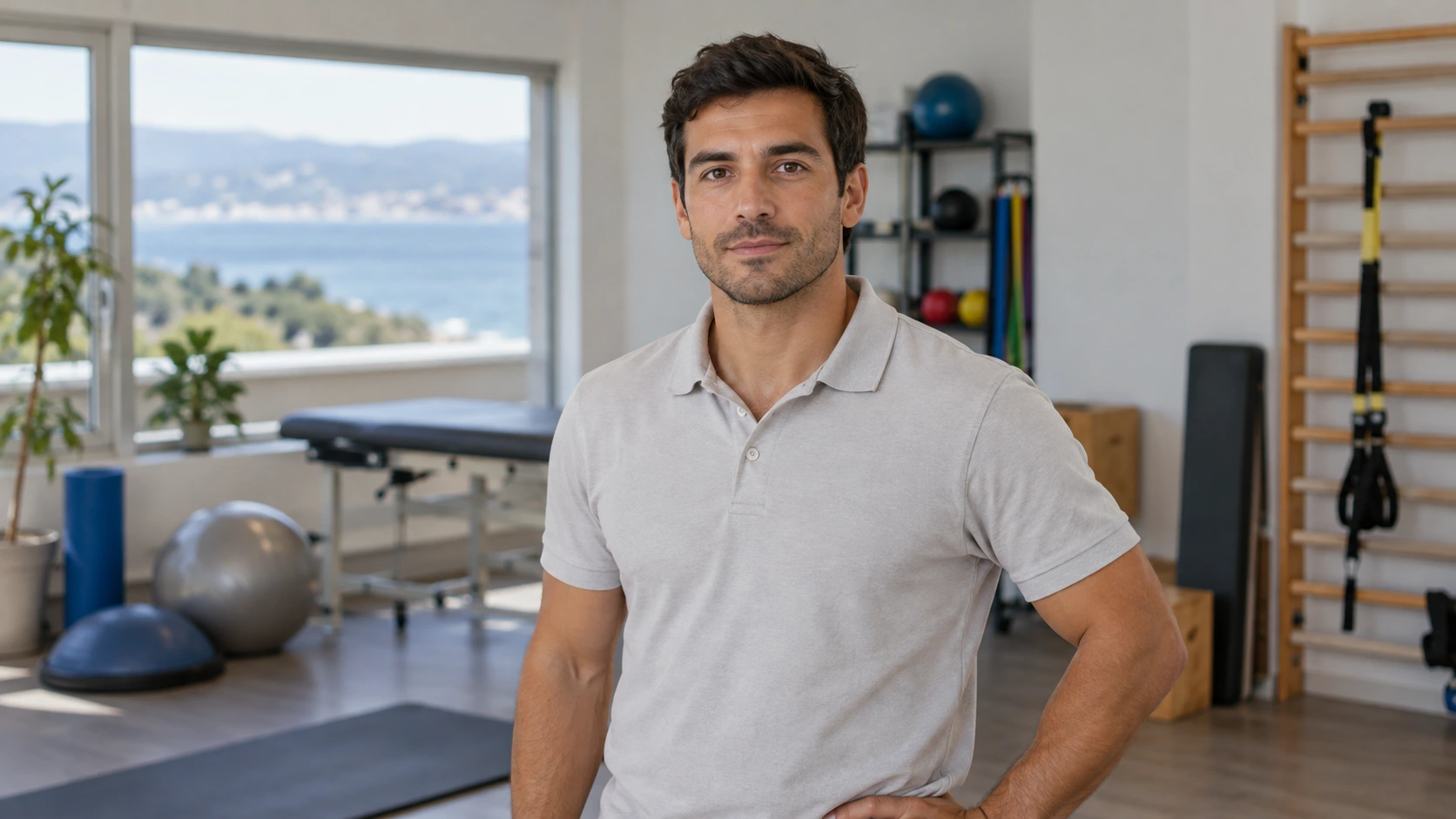 Fisioterapeuta de unos 31 años en la zona de ejercicio terapéutico de su clínica.
