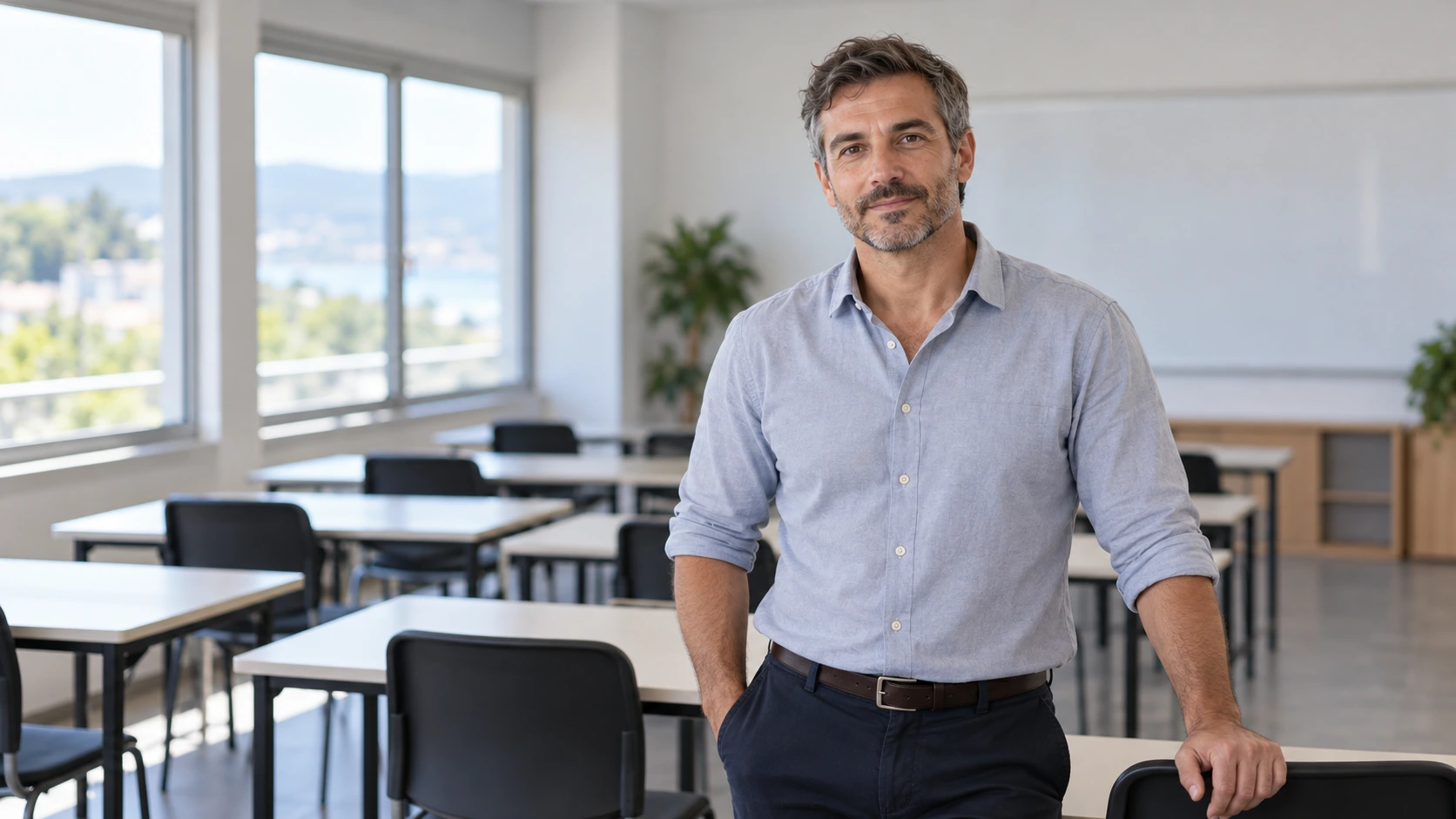 Formador de unos 43 años en un aula vacía de su centro, preparando la sesión.