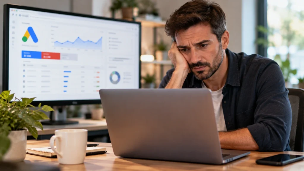 Profesional revisando una campaña de Google Ads que consume presupuesto sin generar clientes