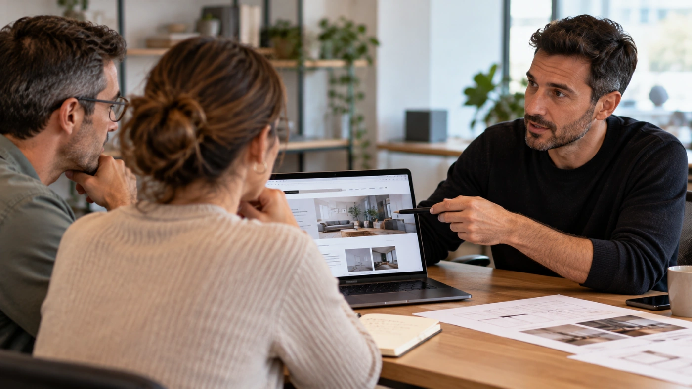 Reunión con una agencia para revisar las condiciones de un proyecto de rediseño web