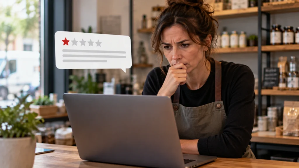 Propietaria de un pequeño negocio revisando una reseña negativa recibida en Google
