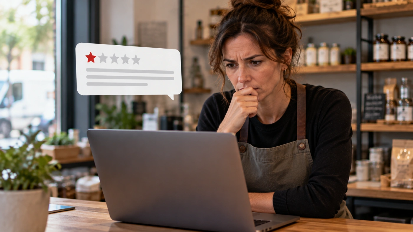 Propietaria de un pequeño negocio revisando una reseña negativa recibida en Google
