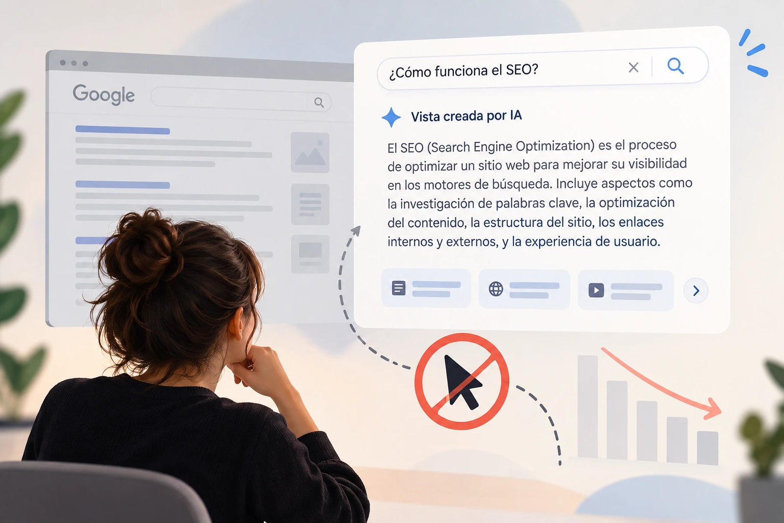 Usuario ante una respuesta generada por IA en Google que reduce los clics y el tráfico web